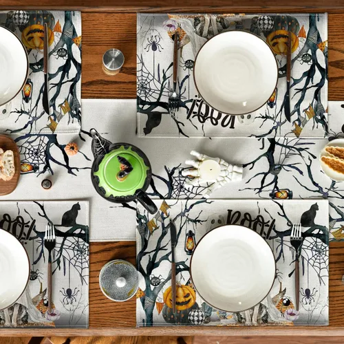 Miniatura 4 de Artoid Mode Juego de 4 manteles individuales de Halloween con diseño de calabazas fantasmas, árbol y perro, 12 x 18 pulgadas, para decoración