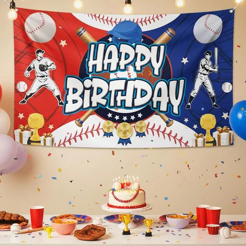 Miniatura 4 de Telón de fondo de cartel de feliz cumpleaños de béisbol, decoraciones de fiesta de béisbol, fondo de fotos de vinilo, suministros de fiesta