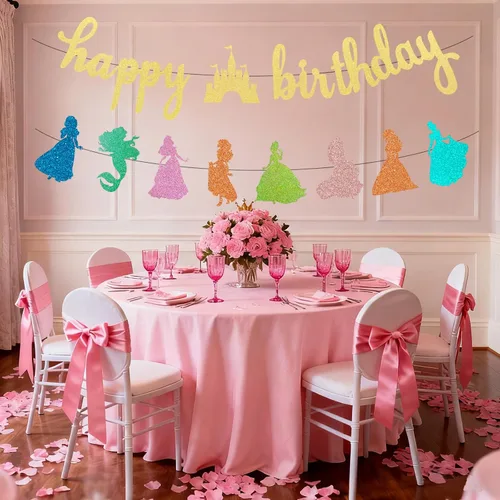 Miniatura 7 de Decoración de pancarta de cumpleaños de princesa, guirnalda dorada con purpurina para niñas, decoración de fiesta de cumpleaños, suministros