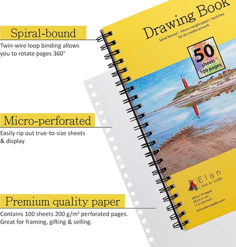 Miniatura 2 de Elan Libro de dibujo A4, 50 hojas de papel italiano de 90 lb/200 GSM, libro de bocetos sin ácidos, 11.7 x 8.3 pulgadas, bloc de papel de dibujo