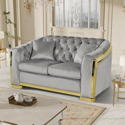 Miniatura 18 de DAMAIFROM Sofá Chesterfield moderno de mediados de siglo, sofá de terciopelo de 62"+84" pulgadas, sofá de terciopelo negro y dorado, sofá curvo