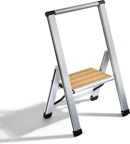 Escalera de 1 peldaño plegable, decorativa - Hermoso bambú y aluminio plateado, perfil ultra delgado, pasos antideslizantes, resistente y portátil