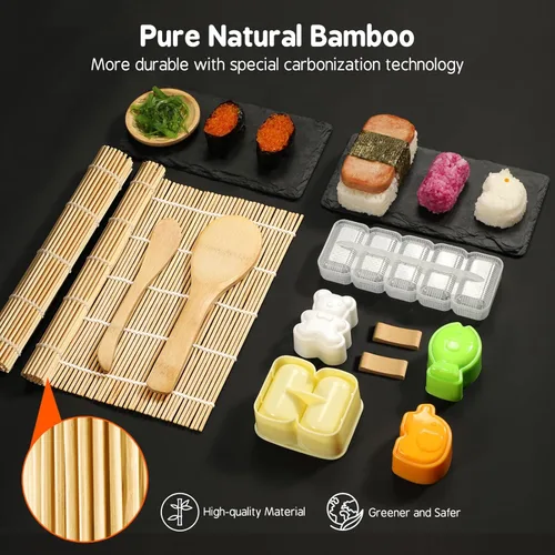 Miniatura 4 de Kit de fabricación de sushi Delamu 27 en 1 [Padre-Hijo] Kit de sushi, para principiantes/expertos en sushi, con esteras de bambú para sushi, bazuca