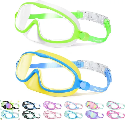 Miniatura 11 de Vvinca 2 gafas de natación para niños con cubierta para la nariz, máscara de buceo de natación de visión amplia, antivaho UV, anti roturas
