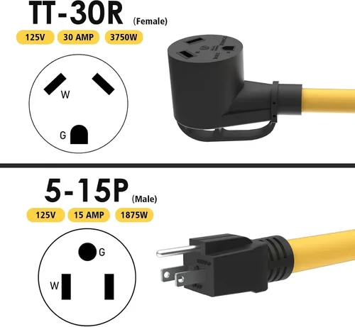 Miniatura 2 de Cable adaptador de caravana de 30 Amp a 15 Amp 110V, macho NEMA 5-15P a hembra TT-30R de alimentación eléctrica Dogbone con mango de agarre, listado