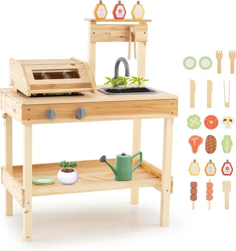Miniatura 11 de HONEY JOY Cocina de barro, juego de parrilla de madera de abeto para niños al aire libre, juego de comida y herramientas de parrilla, bandeja
