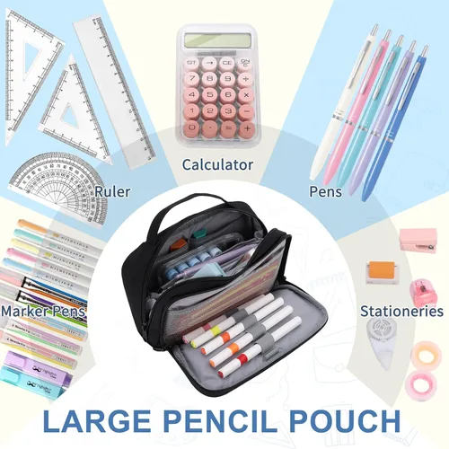 Miniatura 7 de VASCHY Estuche para lápices, organizador grande con cremalleras y asa superior, suministros escolares para niños, adolescentes, estudiantes