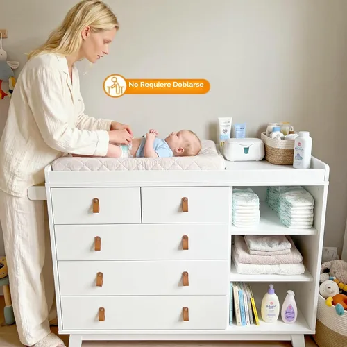 Miniatura 3 de Cómoda para bebé con cambiador, cambiador de bebé con 5 cajones y estantes ajustables, estación multifuncional para cambiar pañales, organizador