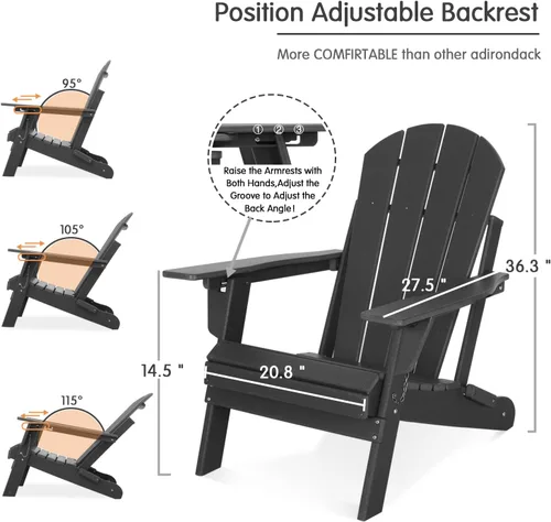 Miniatura 3 de Lepdep Silla plegable Adirondack moderna ajustable de plástico para exteriores, resistente a la intemperie, 3 posiciones con soporte para tazas