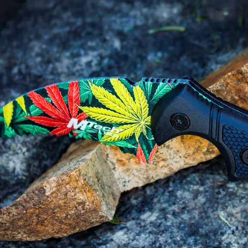 Miniatura 6 de MTech USA Cuchillo de hoja fija - Hoja de halcón dentada con patrón de malezas multicolor, mango moldeado por inyección negro, espiga completa