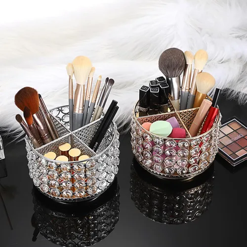 Miniatura 7 de Hipiwe Organizador de tocador de cristal, soporte giratorio de 360° para brochas de maquillaje, soporte de exhibición de brochas cosméticas Dorado