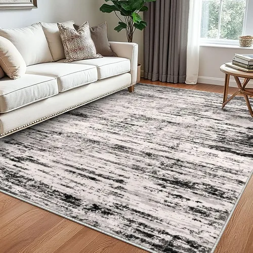 Miniatura 27 de Lansny Alfombra moderna abstracta de 2 x 5 pies, color negro, gris, blanco, lavable, alfombra de entrada para cocina, alfombra antideslizante suave