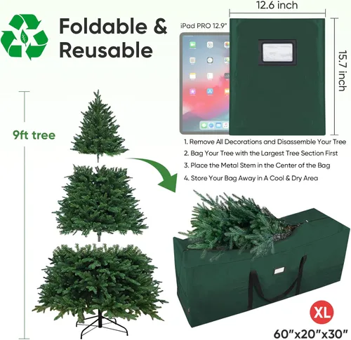 Miniatura 3 de BALEINE - Bolsa para guardar el árbol de Navidad de 9 pies, bolsa extra grande de alta resistencia para árbol de Navidad artificial con asas Verde