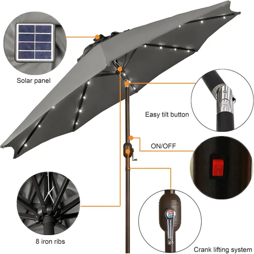 Miniatura 2 de Blissun - Sombrilla solar de 9 pies, 32 luces LED, parasol de mesa para patio, jardín, cubierta, piscina y playa (gris)