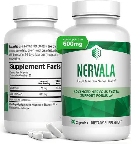 Nervala - Ácido alfa lipoico 600 mg - Suplemento antioxidante ALA para nervios, energía y circulación - Extra fuerte con benfotiamina - Fabricado en