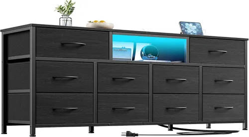 Miniatura 8 de Furnulem Cómoda de 55 pulgadas de largo para dormitorio, soporte de TV para TV de 55 a 65 pulgadas, cómoda negra con 10 cajones de tela, cajonera