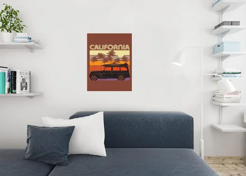 Miniatura 4 de California Vintage Retro Travel with Classic Car Surf Board on Roof Surfing Beach Palm Trees Photo Illustration Cool Wall Art Poster 24x36