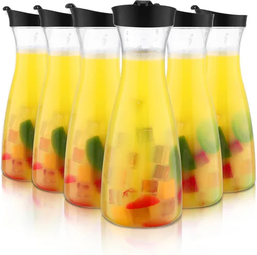 Xinnun 6 jarras de agua con tapa superior abatible, jarra de plástico con tapa negra, jarra de plástico transparente para bebidas para agua o jugo,