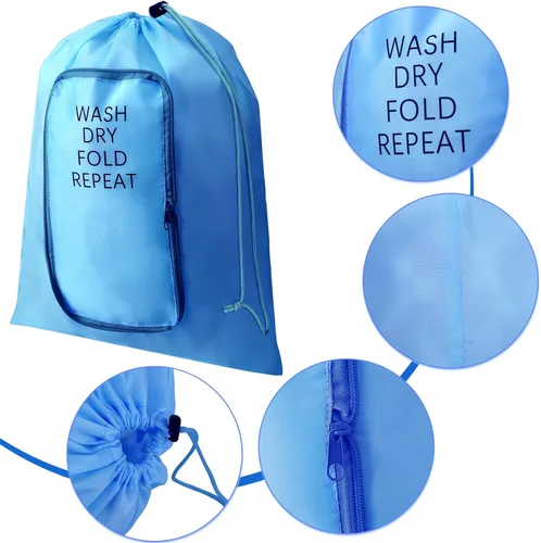 Miniatura 3 de 2 piezas de bolsa de lavandería de viaje, lavable, para ropa sucia, con cordón y cremallera para maleta, 22 x 18 pulgadas (negro, azul, clásico)