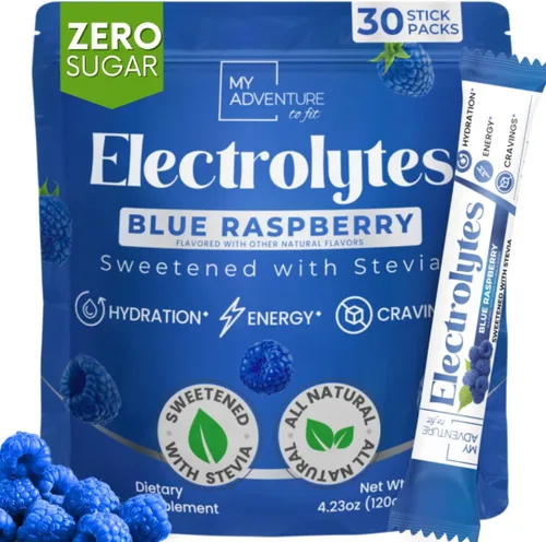 Bolsas de Polvo de Electrolitos Cero Azúcar Sabor Frambuesa Azul (Paquete de 30) - Ingredientes Completamente Naturales, Energía Libre de Cafeína