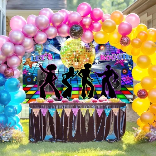 Miniatura 7 de Avezano Fondo de discoteca de regreso a los años 70, 80 y 90, decoración de fiesta de baile, pancarta Let's Boogie para fiesta de cumpleaños, telón
