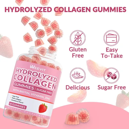 Miniatura 6 de Gominolas de colágeno sin azúcar para mujeres, proteína de colágeno tipo I, II, III, V, X con biotina, vitamina C, D, B12, gomitas de péptidos