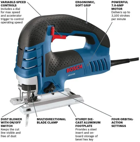 Miniatura 2 de Bosch - Sierra caladora JS470E, con cable, mango superior, 120 V, baja vibración, velocidad variable, 7 amperios, para un corte suave de hasta 5-7/8