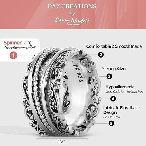 Miniatura 3 de Paz Creations - Anillo giratorio de plata de ley 925 hecho a mano, hipoalergénico, sin níquel ni plomo, fabricado en Israel, plata, oro amarillo