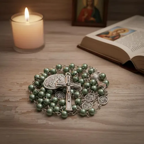 Miniatura 4 de Nazareth Store Collar de rosario de perlas de 0.315 in con medalla de San Miguel y centro de mesa de cáliz Rosarios de la Santa Comunión