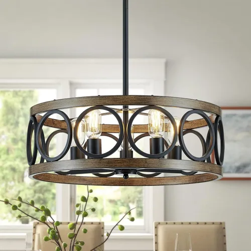 Miniatura 11 de XINGQI Lámpara de Techo Negra Araña de Altura Ajustable Lámpara Colgante Moderna de Granja Accesorio de Iluminación de Metal con Veta de Madera 13