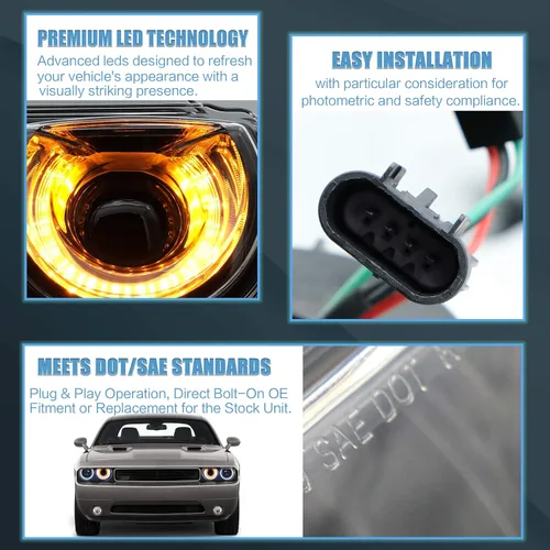 Miniatura 5 de Conjunto de faros delanteros VLAND Compatible con Dodge Challenger 2008-2014 3ra Gen Cupé, Normal