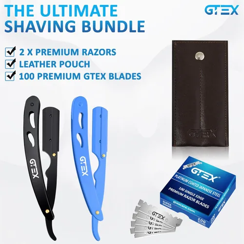 Miniatura 3 de 2 maquinillas de afeitar rectas para hombres (azul negro), 100 cuchillas GTEX de primera calidad (acero japonés) – Paquete de 2 maquinillas