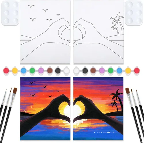 Miniatura 7 de VOCHIC Kit de pintura para sorbos y pinturas, lienzo predibujado para parejas, kit de pintura para adultos, citas, noche, atardecer, corazón