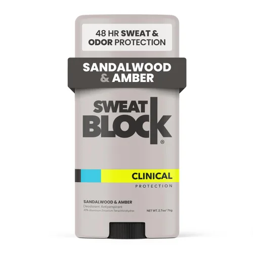SweatBlock Desodorante de fuerza clínica, antitranspirante para hombres y mujeres, aroma de sándalo y ámbar, protección de 48 horas contra el sudor