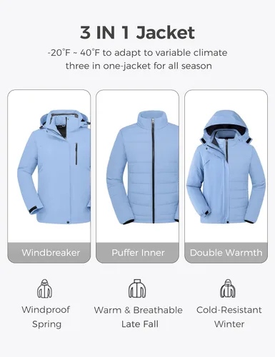 Miniatura 4 de Wantdo Abrigos de invierno 3 en 1 para mujer, chaqueta de esquí impermeable con capucha, chaqueta de snowboard