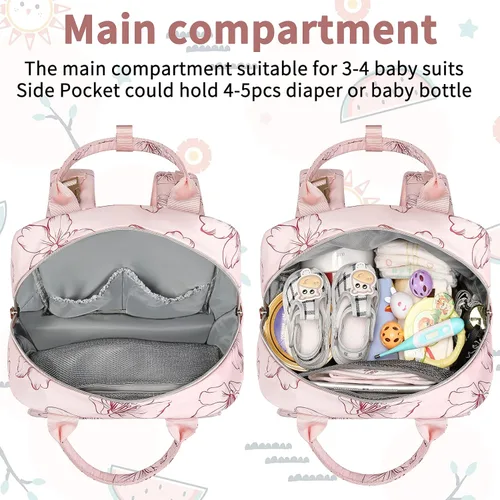 Miniatura 5 de Legestori Mochila Bolsa de Pañales, Bolsa de Pañales para Bebé Niña con Bolsillos Aislados y Correas para Cochecito, Rosa, Grande, Mochila
