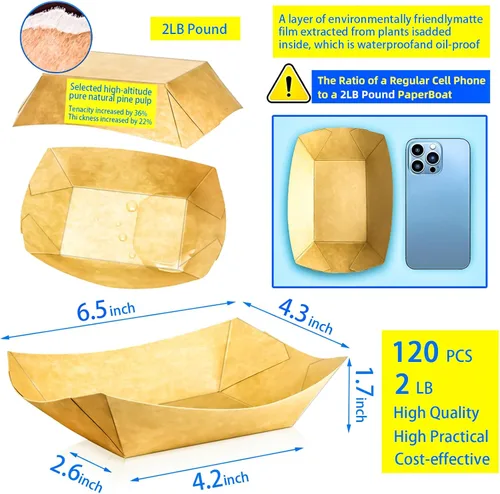 Miniatura 2 de Paquete de 120 bandejas de papel desechables de 2 libras de papel para barcos, bandeja de servir comida kraft, cestas para aperitivos, palomitas