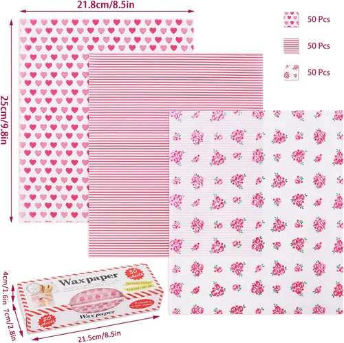 Miniatura 2 de Whaline 150 hojas de papel de cera para el día de San Valentín, diseño de corazón rosa a rayas rosadas, papel de pícnic, a prueba de grasa