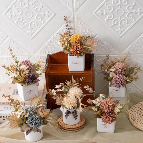 LUEUR 6 flores artificiales de otoño con jarrón de cerámica, mini flores falsas en varios colores, arreglo floral de otoño sintético, decoración de
