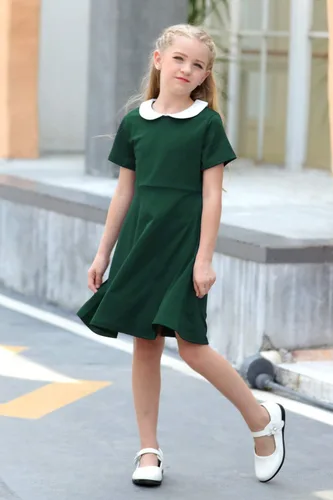 Miniatura 5 de GORLYA Vestido de fiesta casual de manga corta para niña con cuello Peter Pan ajustado y acampanado con bolsillos, 4-12 años