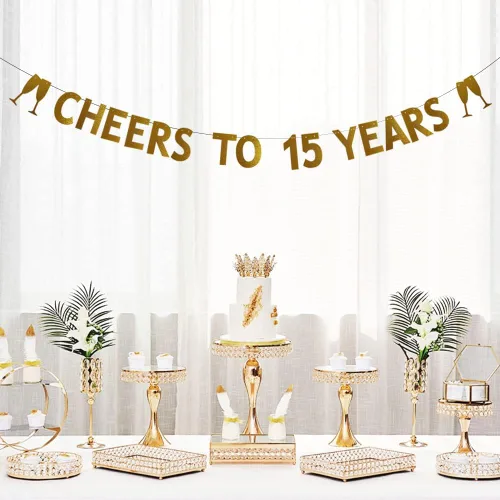 Miniatura 4 de Betteryanzi - Cartel dorado de "Cheers to 15 años", pre-encordado, suministros de decoración de fiesta de aniversario de boda y cumpleaños