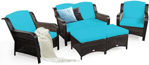 COSTWAY Juego de muebles de mimbre de mimbre para patio, sofá biplaza con otomanas y sillas acolchadas, juegos de conversación para jardín al aire