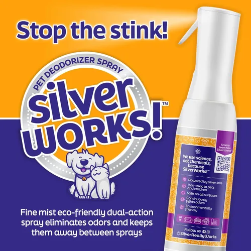 Miniatura 6 de SilverWorks! Spray eliminador de olores de mascotas para el hogar, desodorante seguro, natural, de iones de plata, eliminador de olores de gatos