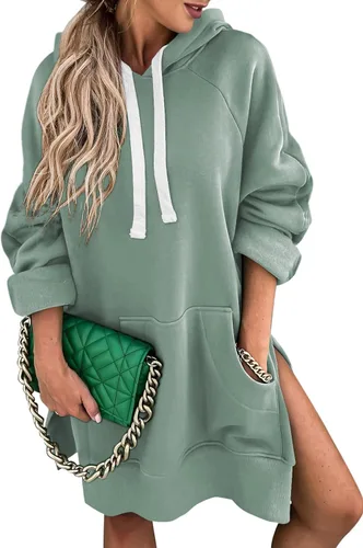 SHEWIN Vestido casual de gran tamaño para mujer, manga larga, dobladillo dividido, con cordón, con bolsillo tipo canguro