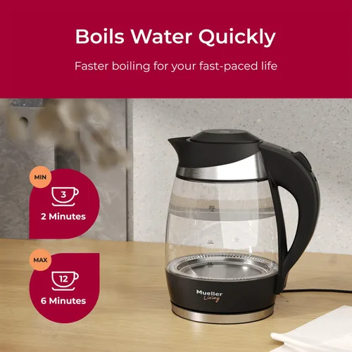 Miniatura 5 de Mueller Living Glass Kettle 1.5L 1500W - Tetera eléctrica con luz LED, apagado automático con tecnología SpeedBoil y protección contra hervir