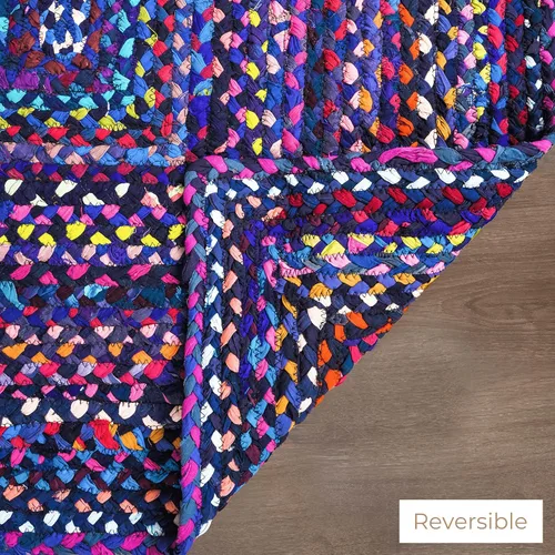 Miniatura 4 de RAJRANG Alfombra ovalada trenzada a mano de 2 x 3 pies, multicolor, bohemio, reversible, rústica, de algodón, alfombra Chindi geométrica