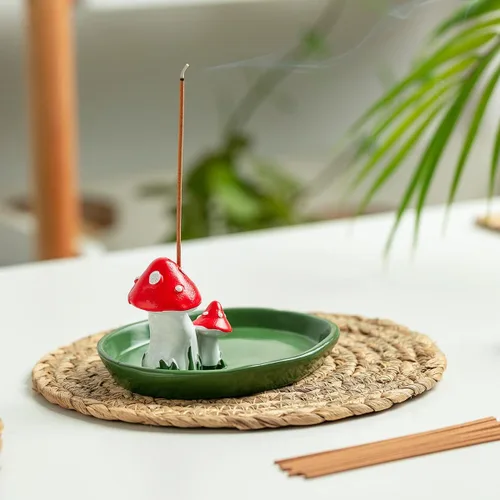 Miniatura 5 de Lindo soporte de incienso de hongos con 30 varillas de incienso, quemador de resina hecho a mano, bandeja de incienso con temática natural, Verde