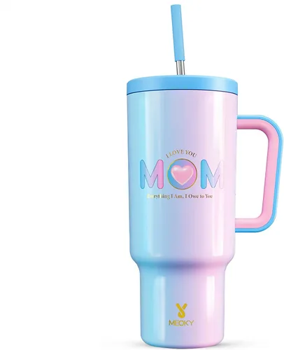 Miniatura 36 de Meoky - Vaso de 30 oz con asa, tapa y pajilla, taza de viaje térmica de acero inoxidable 100% a prueba de fugas, para portavasos, mantiene el frío