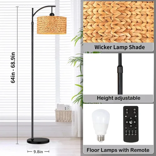 Miniatura 5 de QIYIZM Lámpara de pie para sala de estar, dormitorio, estilo granja, arco, ratán, boho, lámpara de pie con control remoto regulable, pantalla