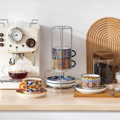 Miniatura 9 de vancasso Juego de 4 tazas de café espresso apilables de 8 onzas con platillos y soporte de metal, tazas de capuchino de cerámica bohemia, aptas